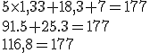 \large 5 \times {18,3} +18,3+7 = 177
 \\ 91.5 +25.3 = 177
 \\ 
 \\ 116,8 = 177
 \\ 
